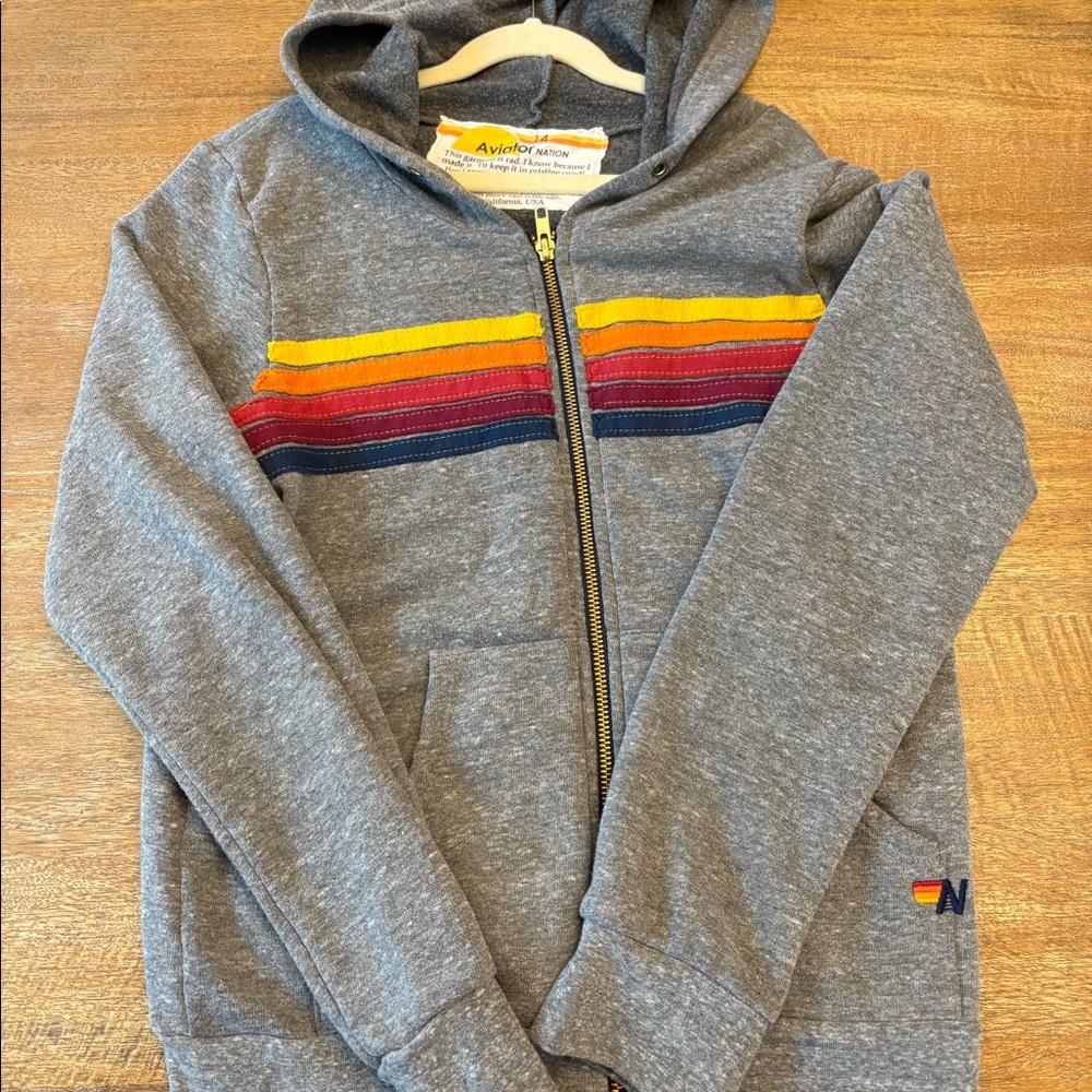 AVIATOR NATION KID'S 5 STRIPE HOODIE - HEATHER GREY SIZE 14